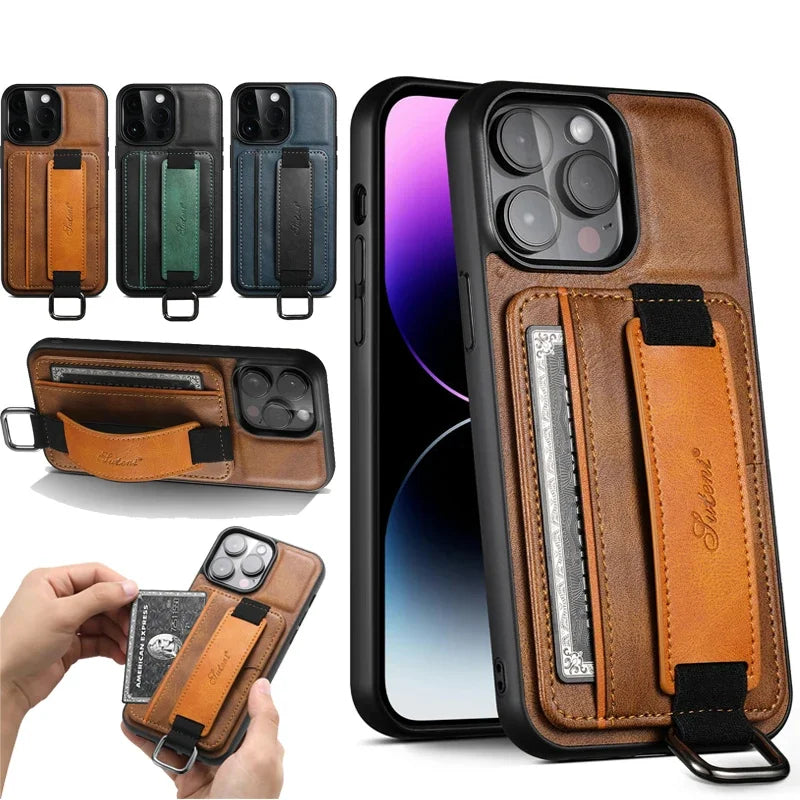 Casespace Luxury Wallet Wrist Strap Leather Case for iPhone