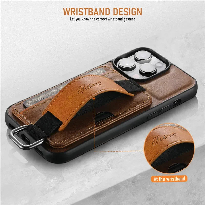 Casespace Luxury Wallet Wrist Strap Leather Case for iPhone