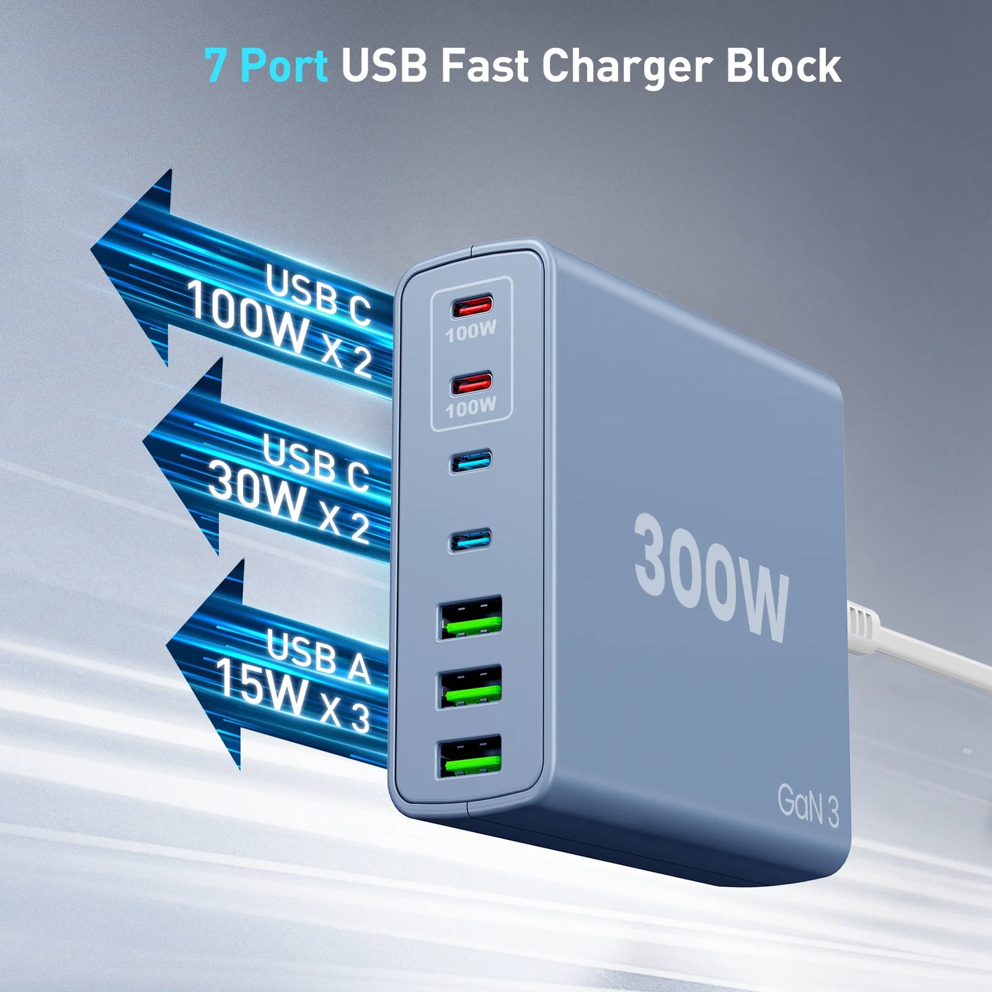 Iseyyox 7 Port USB C Charger 300W PPS PD Laptop Hub