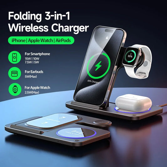 30W LED Fast Wireless Charger Stand 3 In 1 Foldable Dock