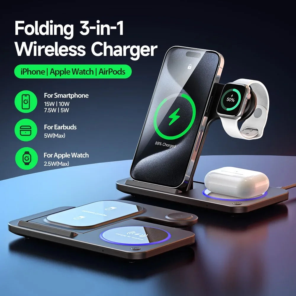 30W LED Fast Wireless Charger Stand 3 In 1 Folding Station