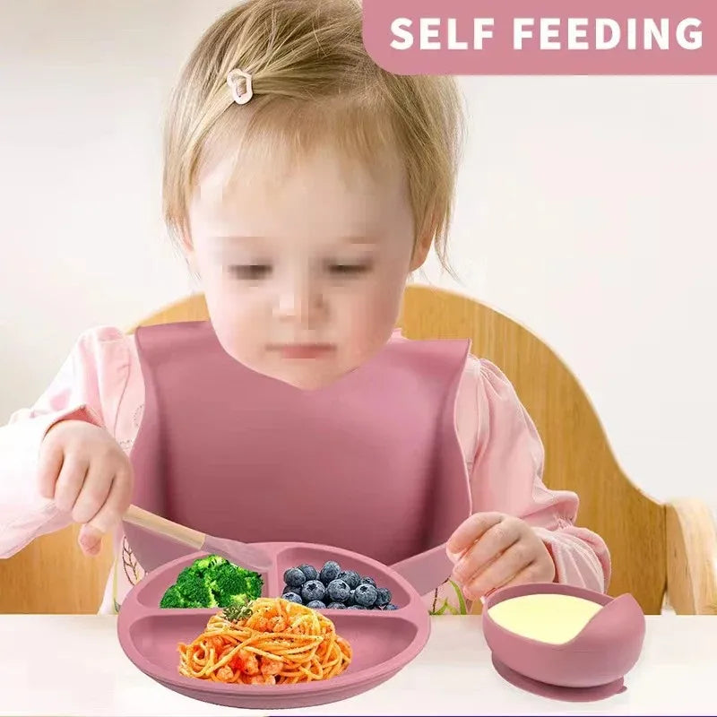 Silicone Baby Feeding Set With Bowl Plate Bib Spoon Fork