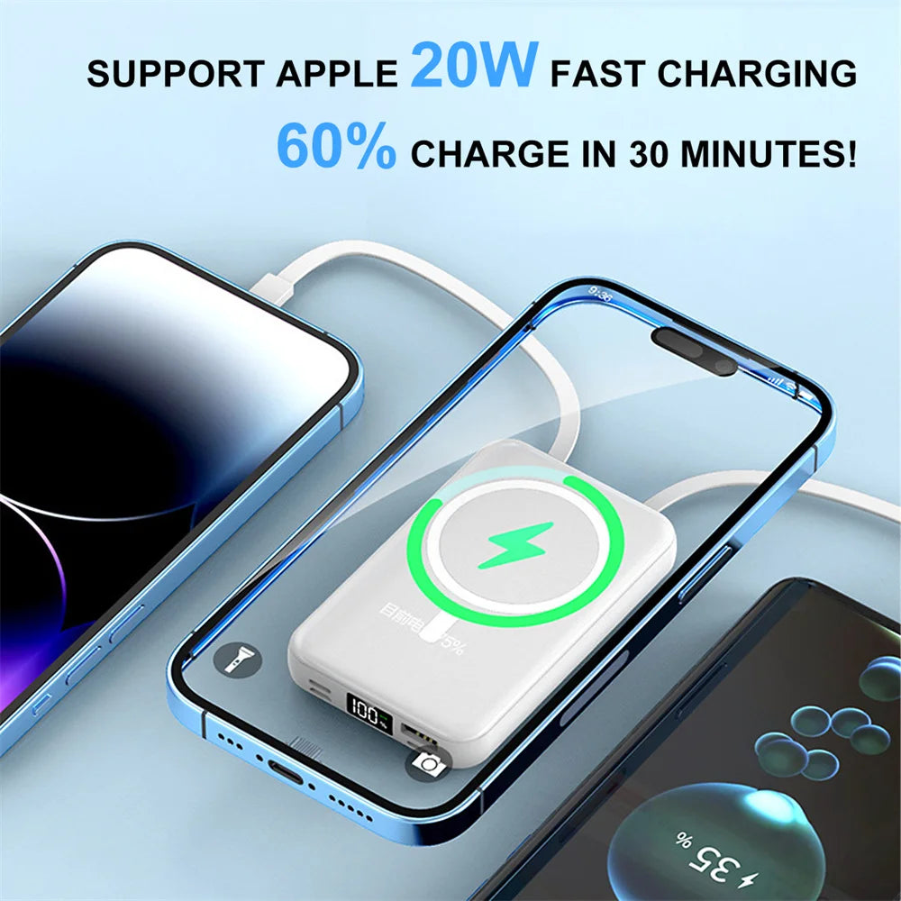Magnetic Wireless 10000mAh Power Bank 15W Built In Cable