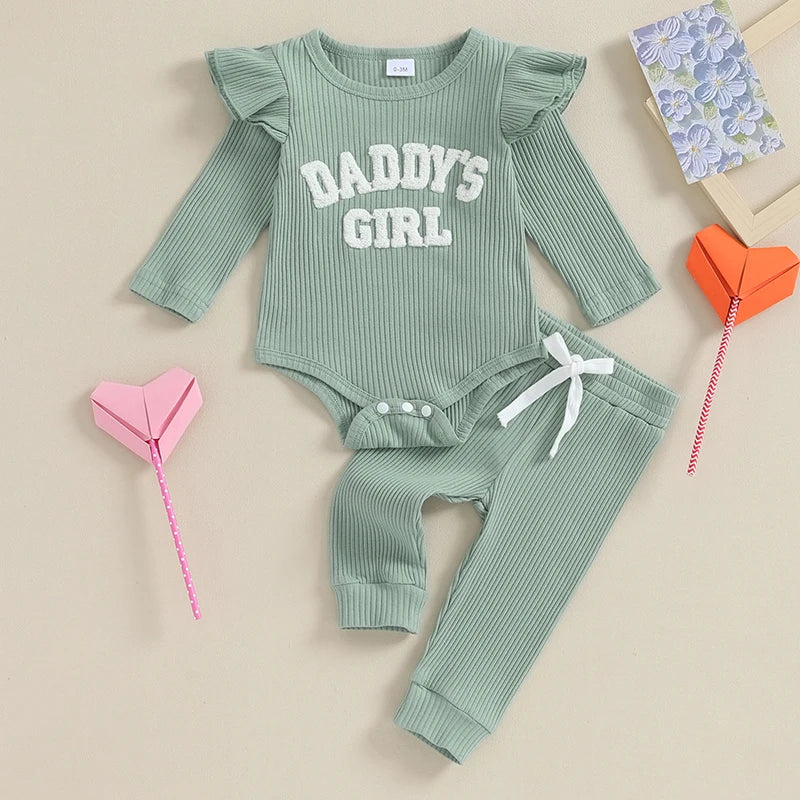 Lioraitiin Baby Girls Ribbed Knit Long Sleeve Romper Set