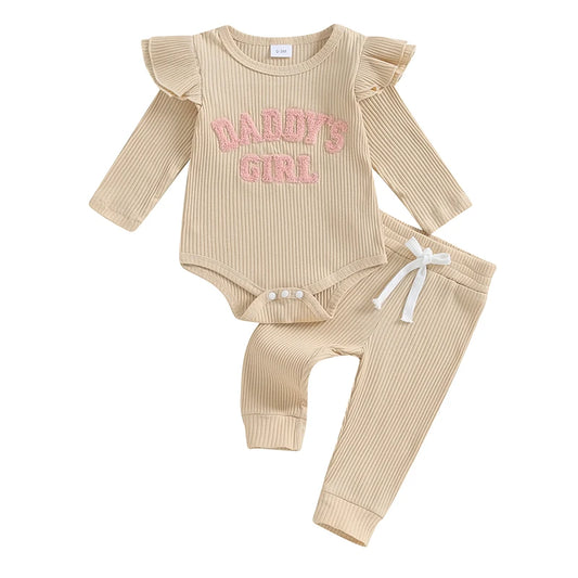 Lioraitiin Baby Girls Ribbed Knit Long Sleeve Romper Set