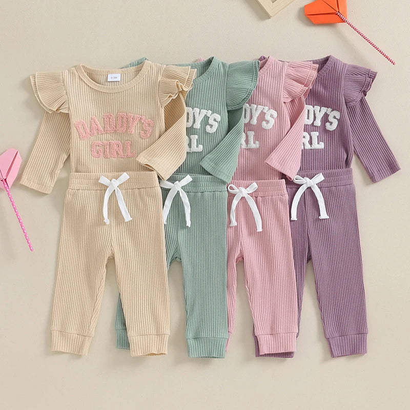 Lioraitiin Baby Girls Ribbed Knit Long Sleeve Romper Set