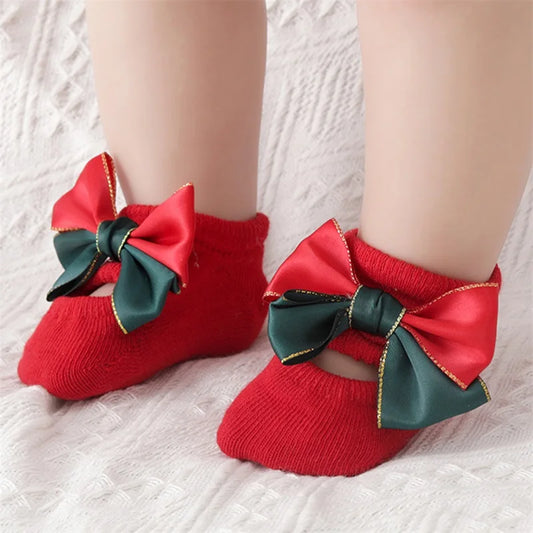 Guangdong Christmas Baby Girl Non Slip Socks With Grips Bow