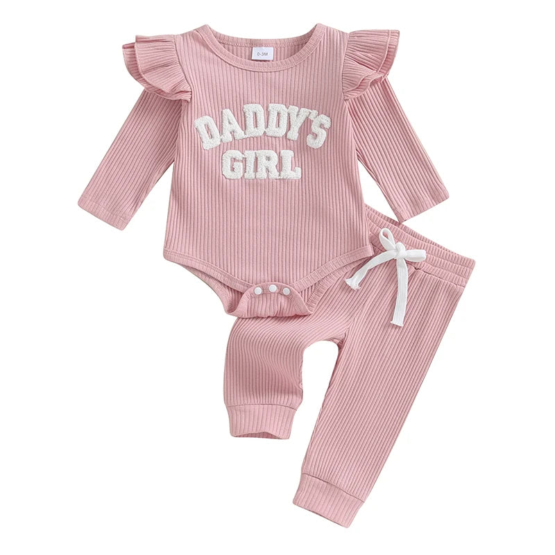Lioraitiin Baby Girls Ribbed Knit Long Sleeve Romper Set