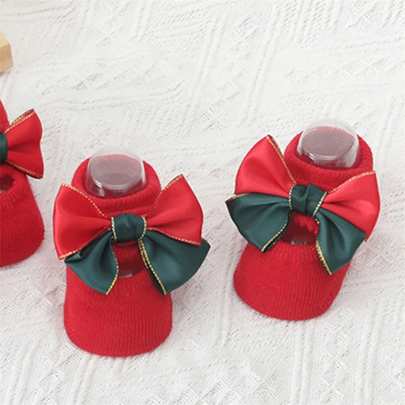 Guangdong Christmas Baby Girl Non Slip Socks With Grips Bow