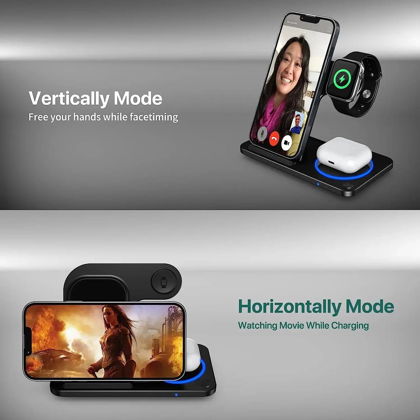 30W LED Fast Wireless Charger Stand 3 In 1 Foldable Dock