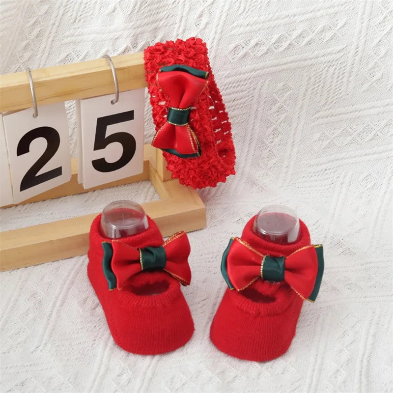 Guangdong Christmas Baby Girl Non Slip Socks With Grips Bow