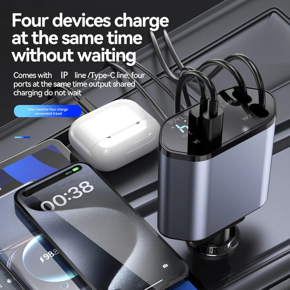 Firsting 120W 4 in 1 Car Charger USB Type C Adapter