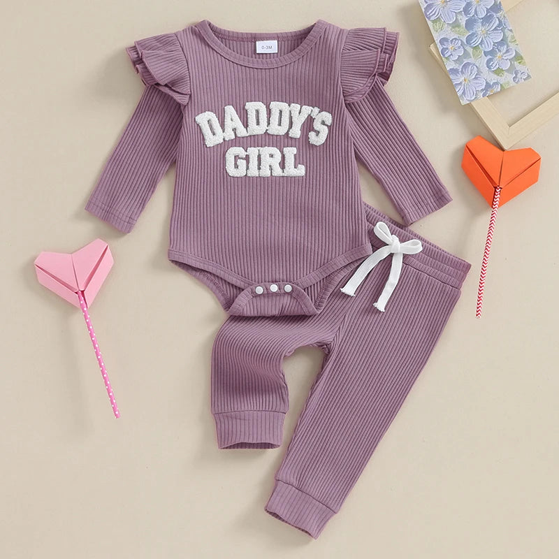 Lioraitiin Baby Girls Ribbed Knit Long Sleeve Romper Set