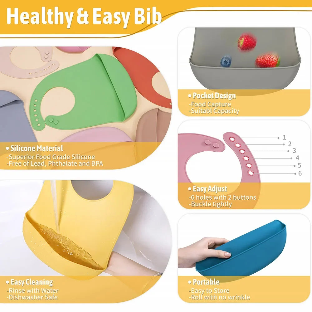 3pcs Waterproof Baby Bibs Soft Silicone Feeding Set
