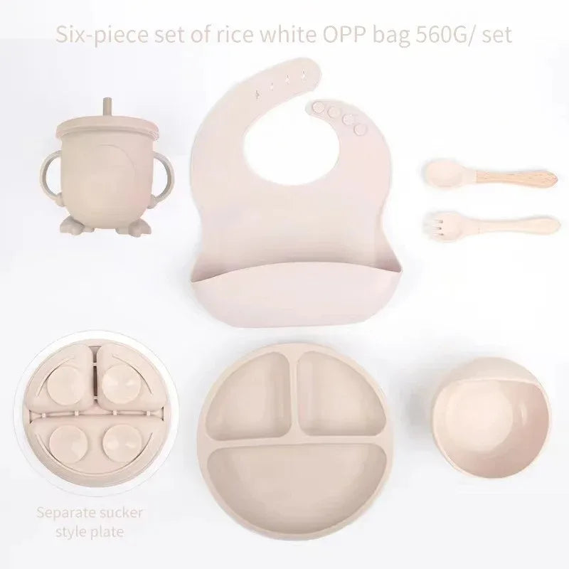 Silicone Baby Feeding Set With Bowl Plate Bib Spoon Fork