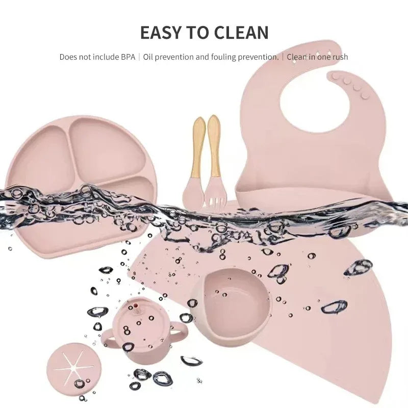 Silicone Baby Feeding Set With Bowl Plate Bib Spoon Fork