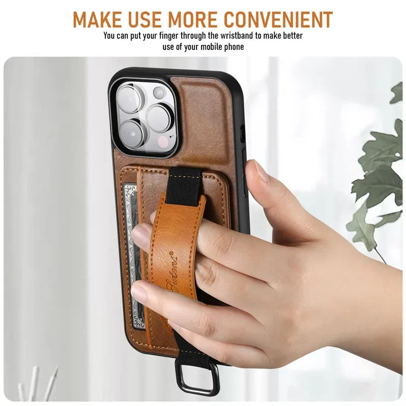 Casespace Luxury Wallet Wrist Strap Leather Case for iPhone