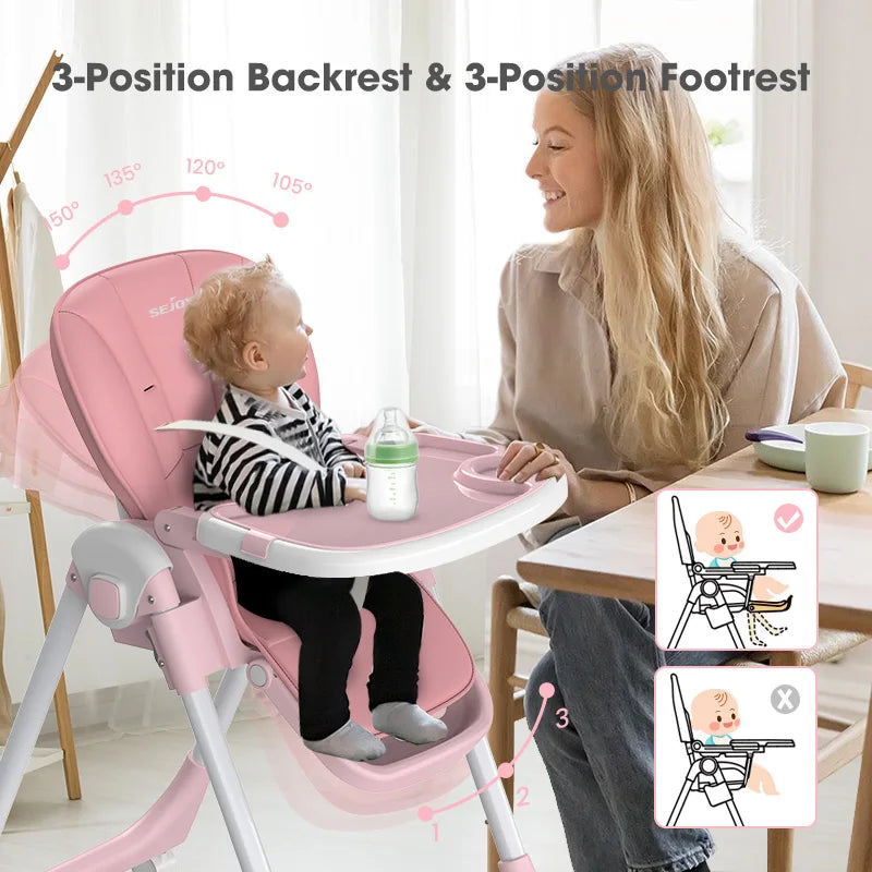 Sejoy Foldable Baby High Chair With Adjustable Backrest