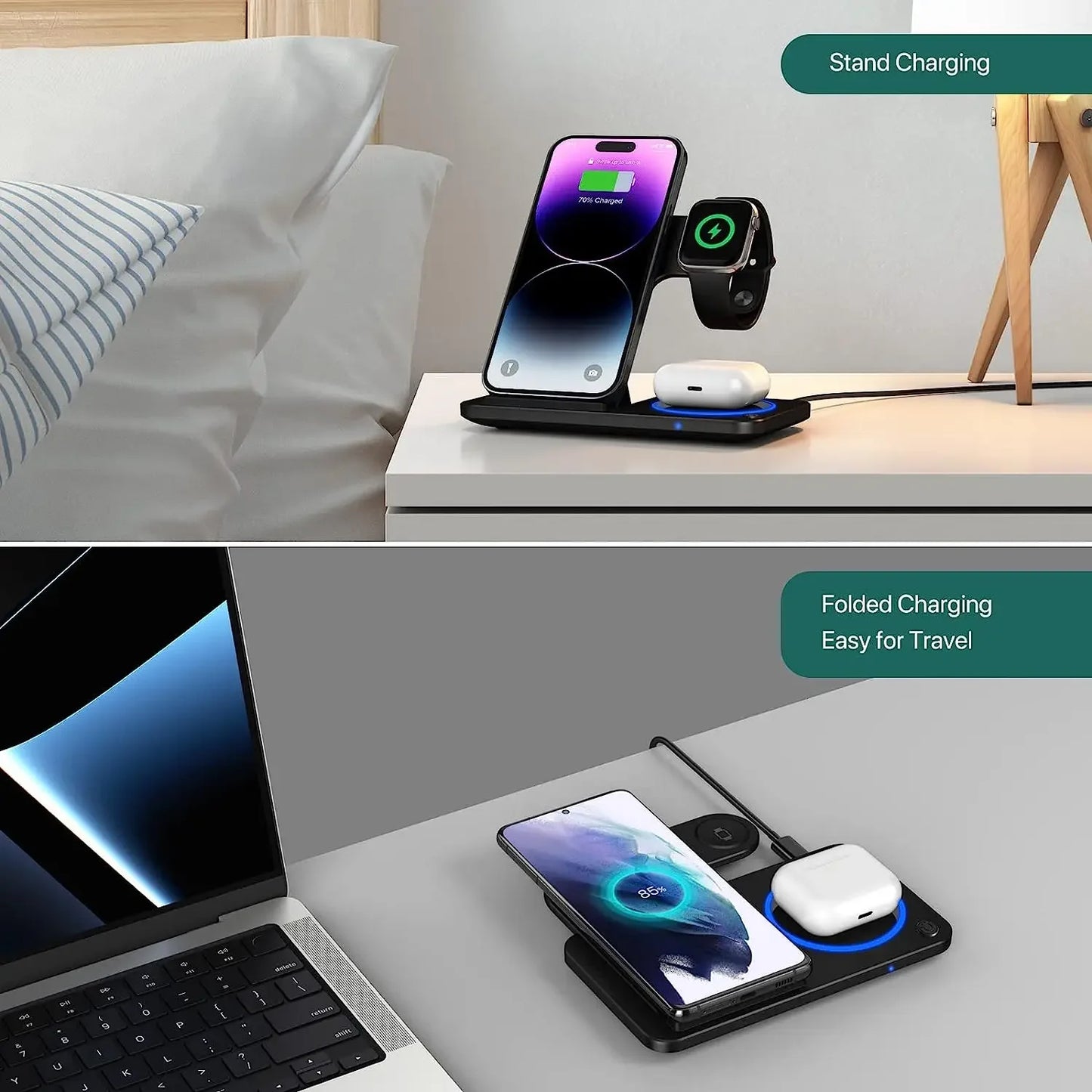 30W LED Fast Wireless Charger Stand 3 In 1 Foldable Dock