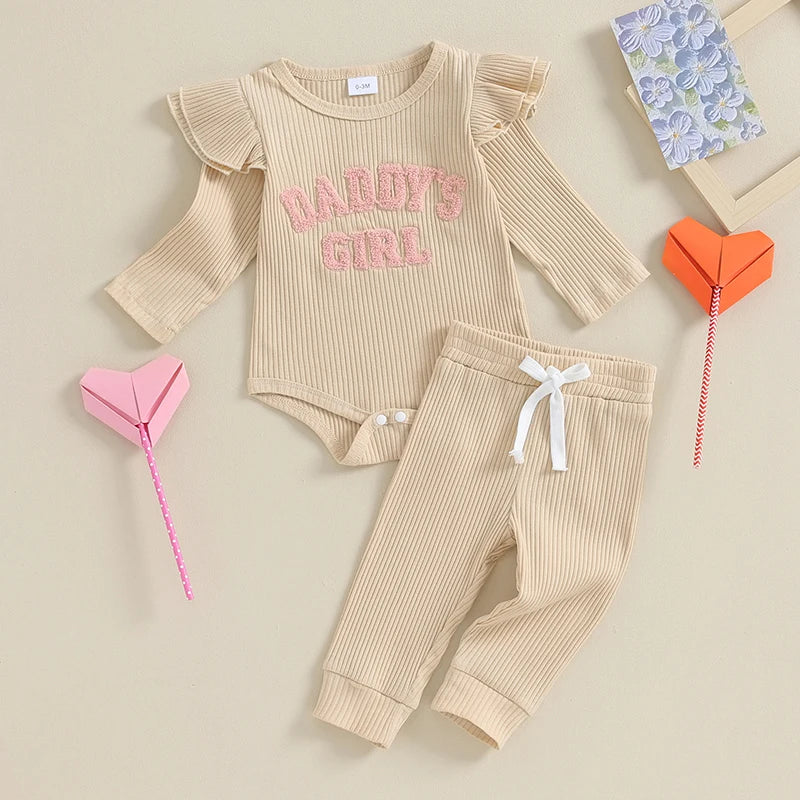 Lioraitiin Baby Girls Ribbed Knit Long Sleeve Romper Set