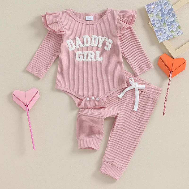 Lioraitiin Baby Girls Ribbed Knit Long Sleeve Romper Set