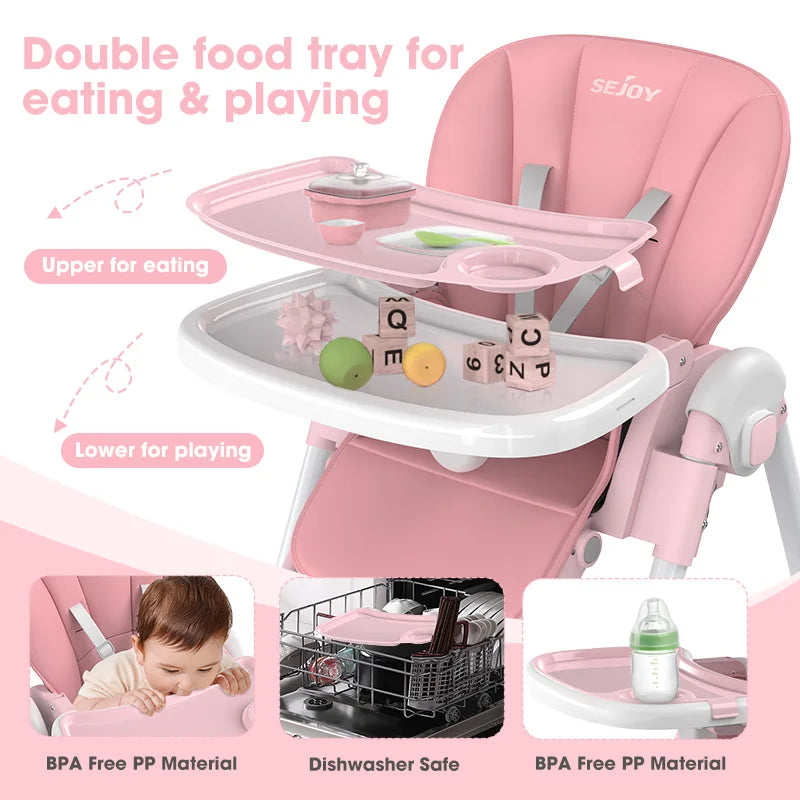 Sejoy Foldable Baby High Chair With Adjustable Backrest