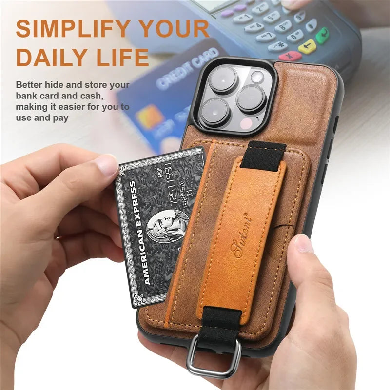 Casespace Luxury Wallet Wrist Strap Leather Case for iPhone