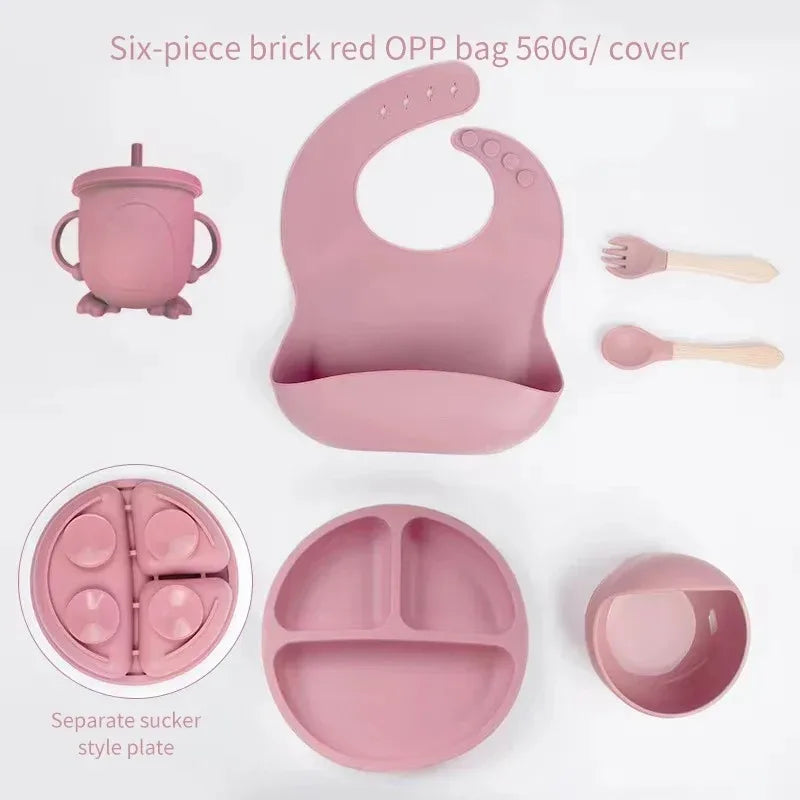 Silicone Baby Feeding Set With Bowl Plate Bib Spoon Fork
