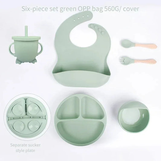 Silicone Baby Feeding Set With Bowl Plate Bib Spoon Fork