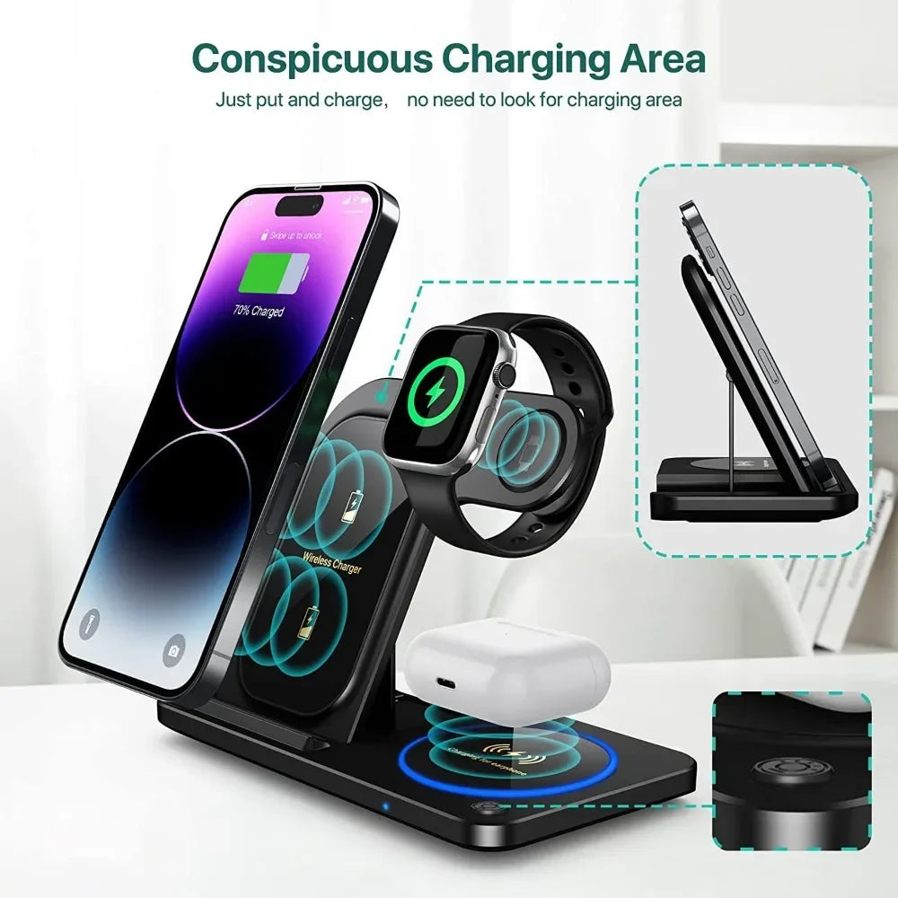 30W LED Fast Wireless Charger Stand 3 In 1 Folding Station