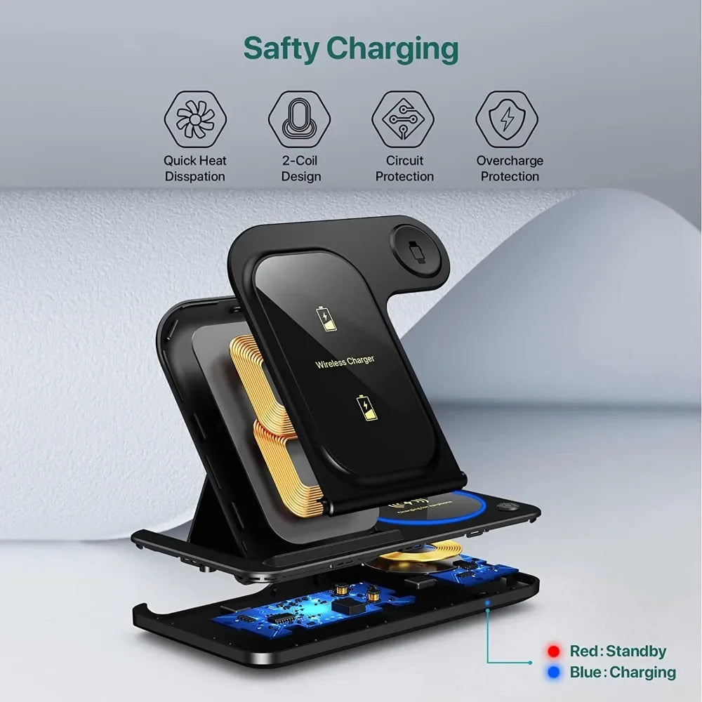 30W LED Fast Wireless Charger Stand 3 In 1 Foldable Dock