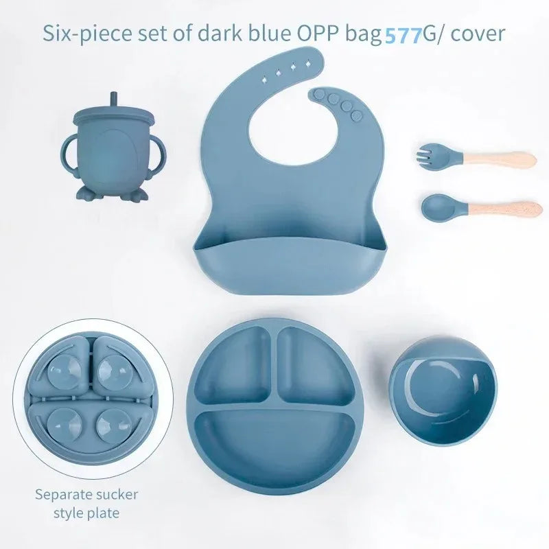 Silicone Baby Feeding Set With Bowl Plate Bib Spoon Fork