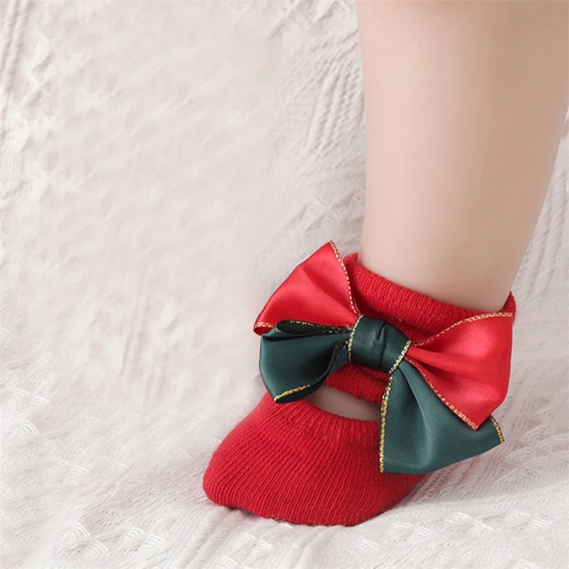 Guangdong Christmas Baby Girl Non Slip Socks With Grips Bow