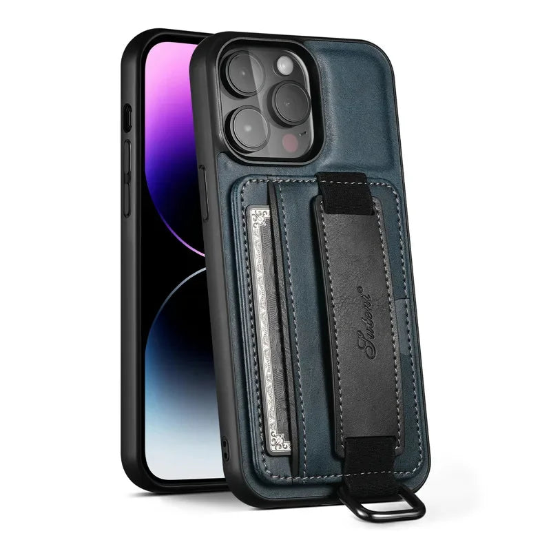 Casespace Luxury Wallet Wrist Strap Leather Case for iPhone