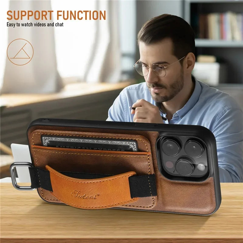 Casespace Luxury Wallet Wrist Strap Leather Case for iPhone