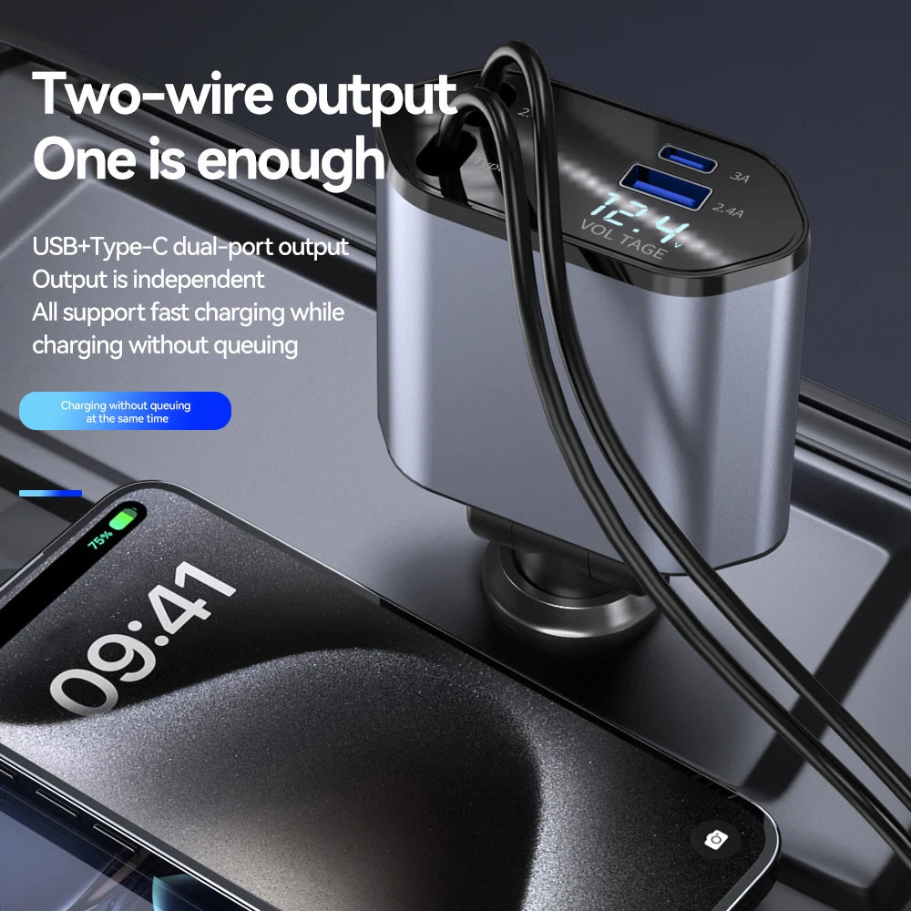 Firsting 120W 4 in 1 Car Charger USB Type C Adapter