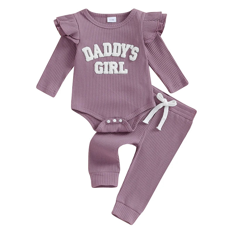 Lioraitiin Baby Girls Ribbed Knit Long Sleeve Romper Set