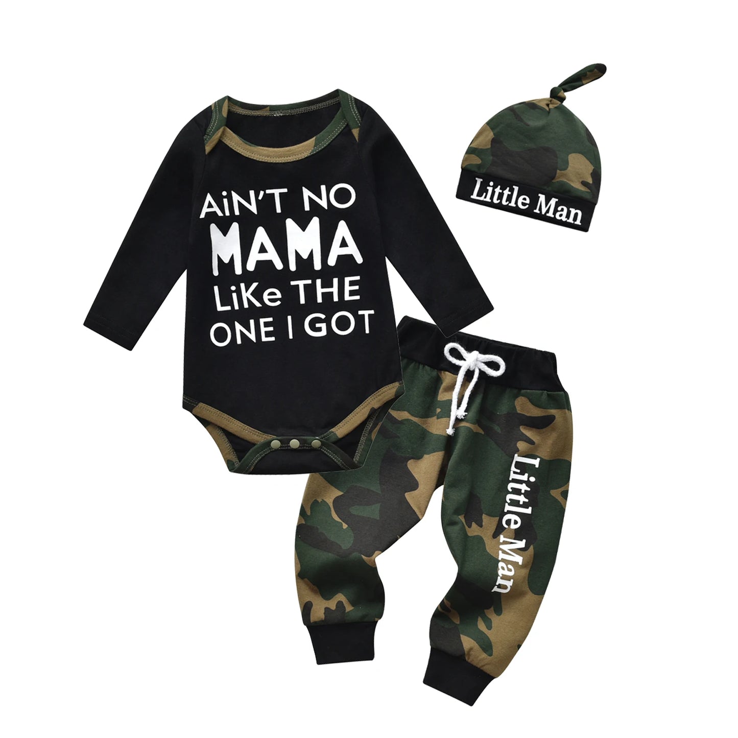 NONECN Newborn Baby Boy 3Pc Camouflage Romper Set With Hat