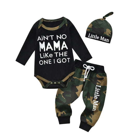 Newborn Boy Three Piece Romper Set With Camouflage Long Sleeve Hat Outfit