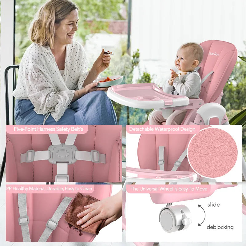 Sejoy Foldable Baby High Chair With Adjustable Backrest