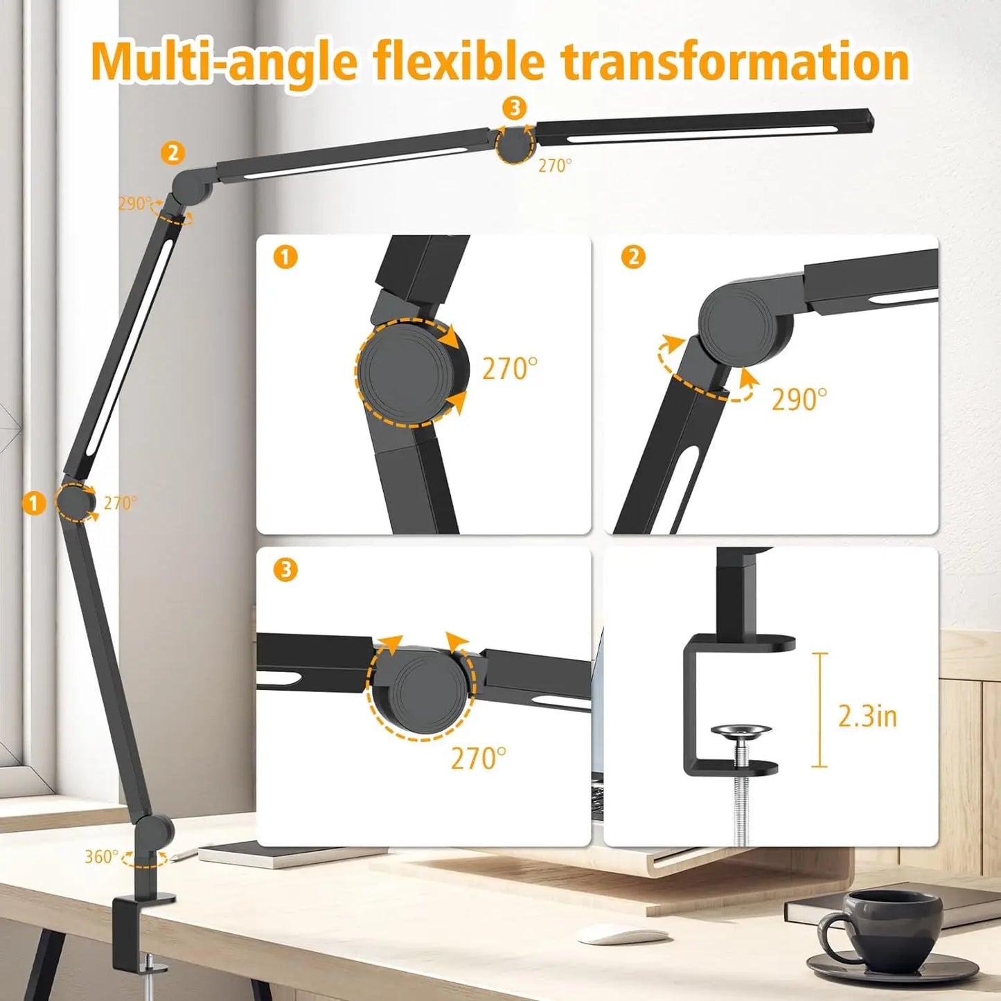 Aiopp LED Desk Lamp with Clip and Flexible Multi-Angle Design