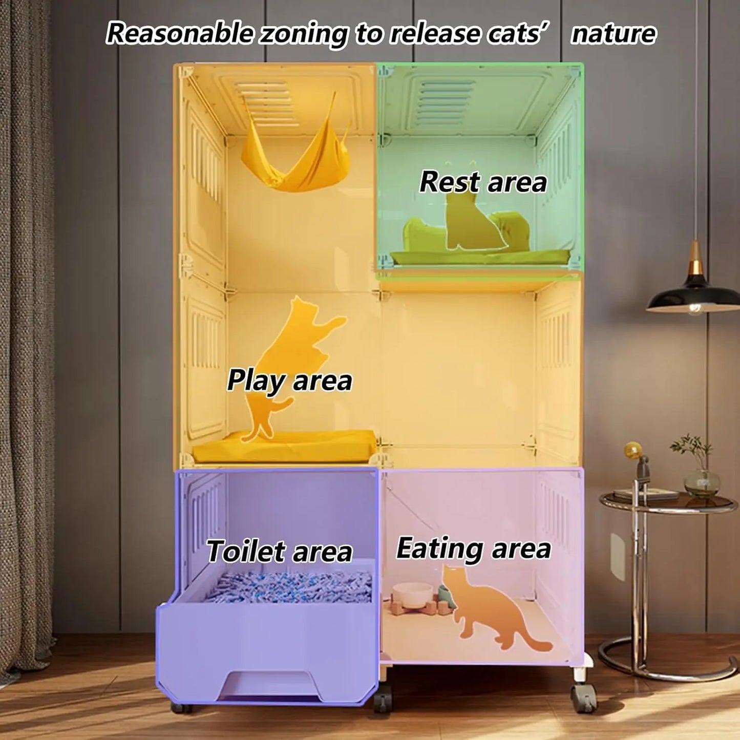 Collapsible 3 Tier Metal Cat Cage With Wheels Litter Box
