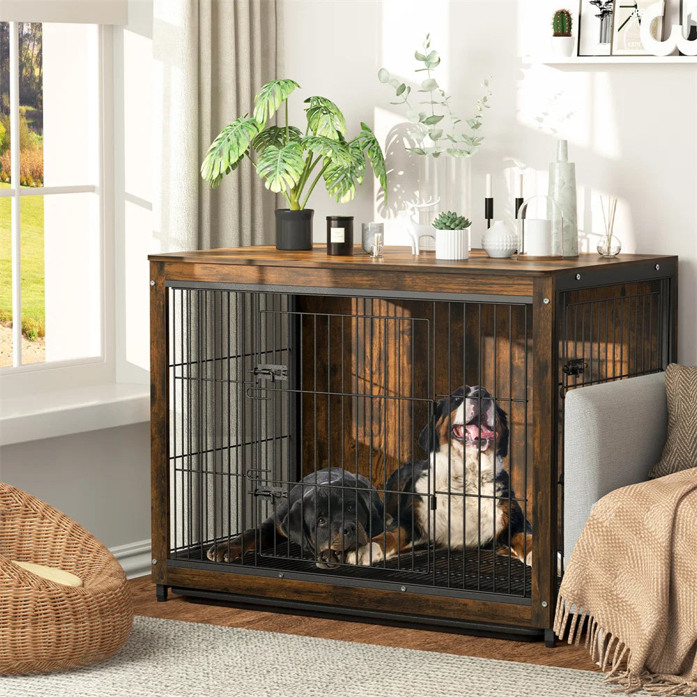 BORWARTH Elevated Wooden Dog Crate End Table With Double Door And Removable Tray