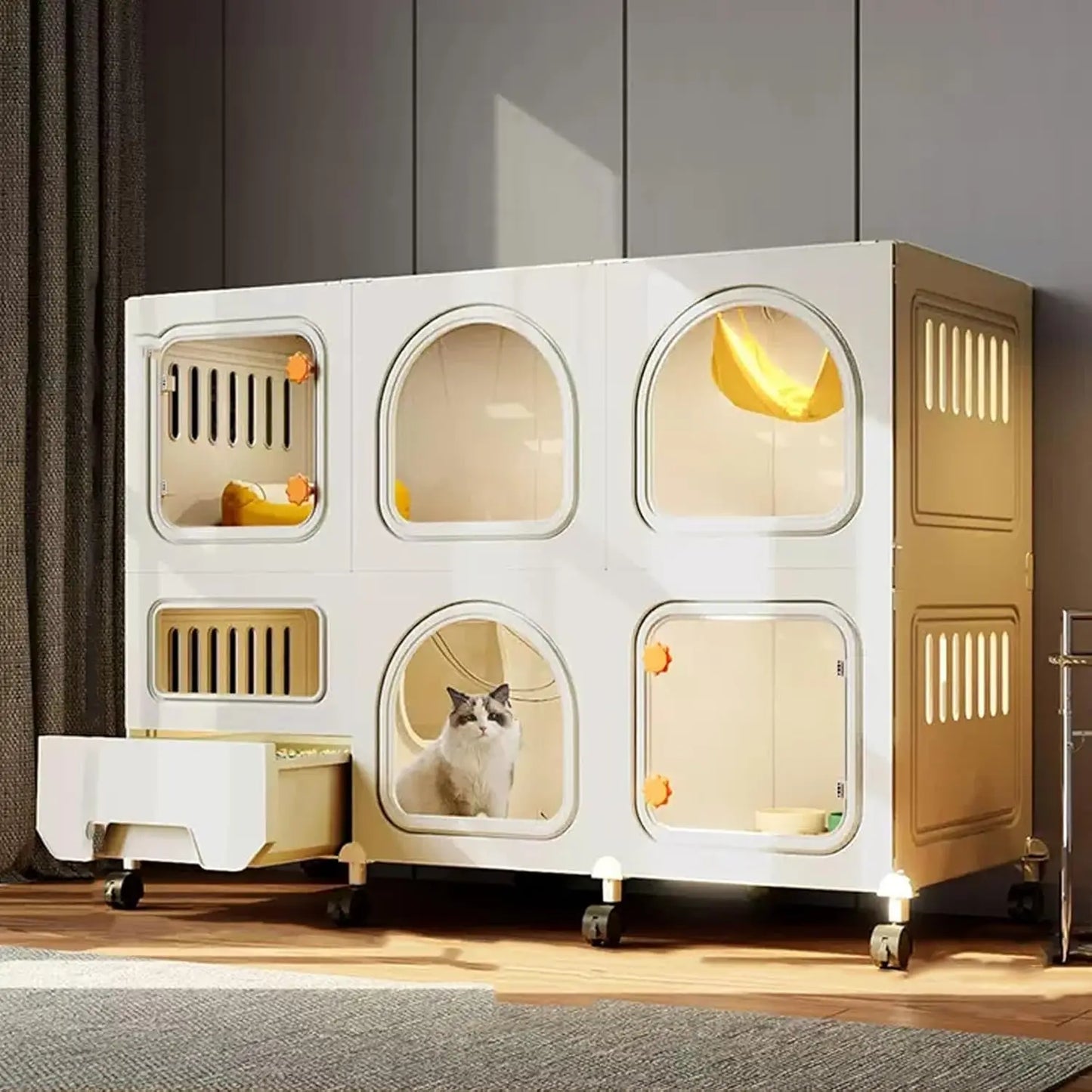 Collapsible 3 Tier Metal Cat Cage With Wheels Litter Box