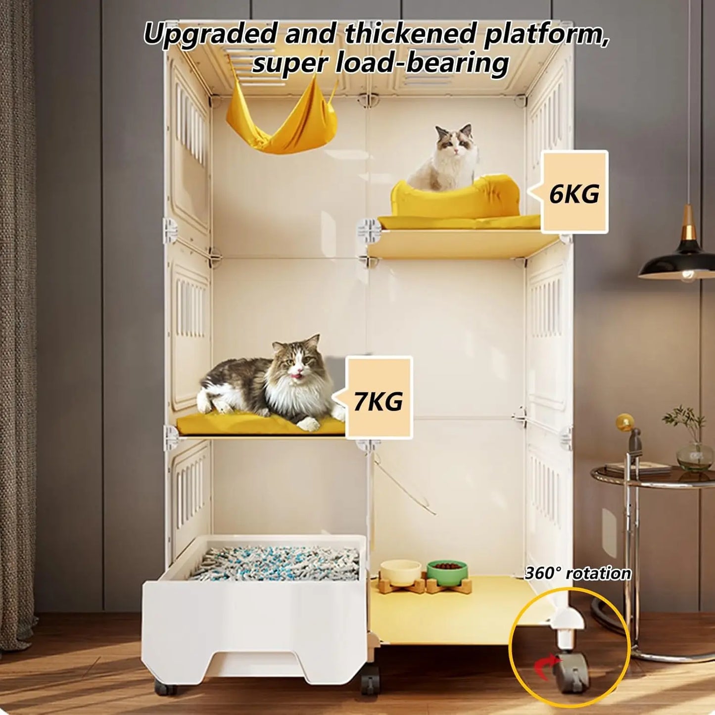 Collapsible 3 Tier Metal Cat Cage With Wheels Litter Box