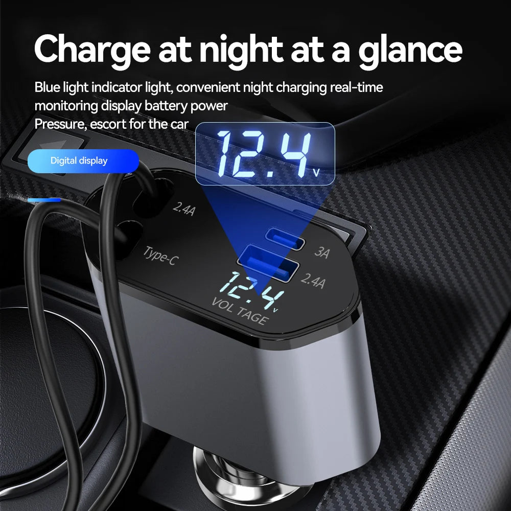 Firsting 120W 4 in 1 Car Charger USB Type C Adapter