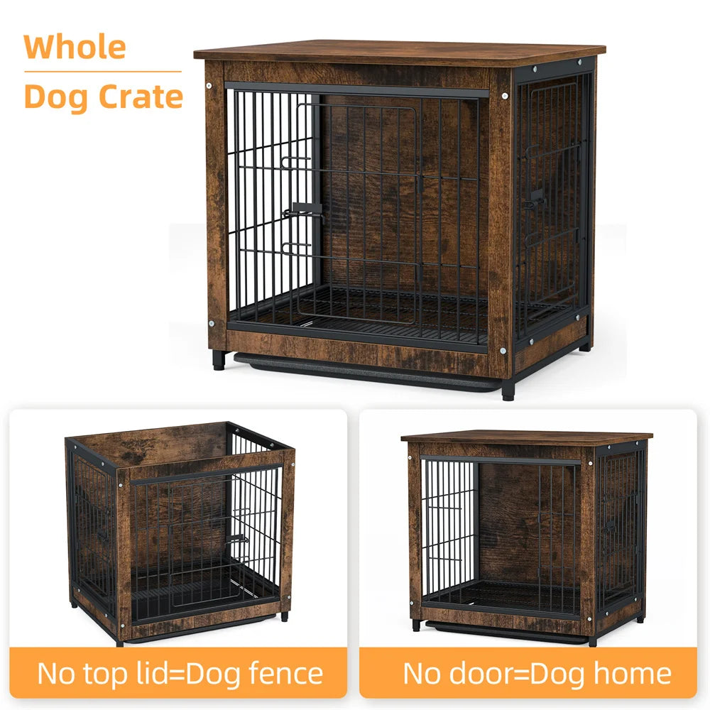 BORWARTH Elevated Wooden Dog Crate End Table With Double Door And Removable Tray