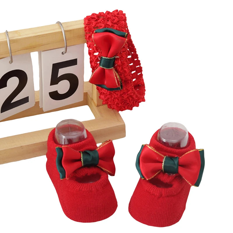 Guangdong Christmas Baby Girl Non Slip Socks With Grips Bow