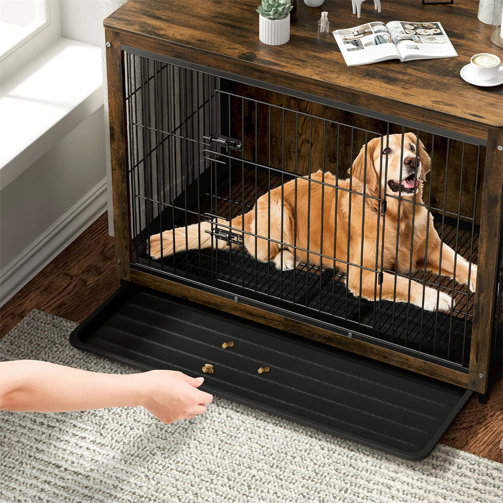 BORWARTH Elevated Wooden Dog Crate End Table With Double Door And Removable Tray