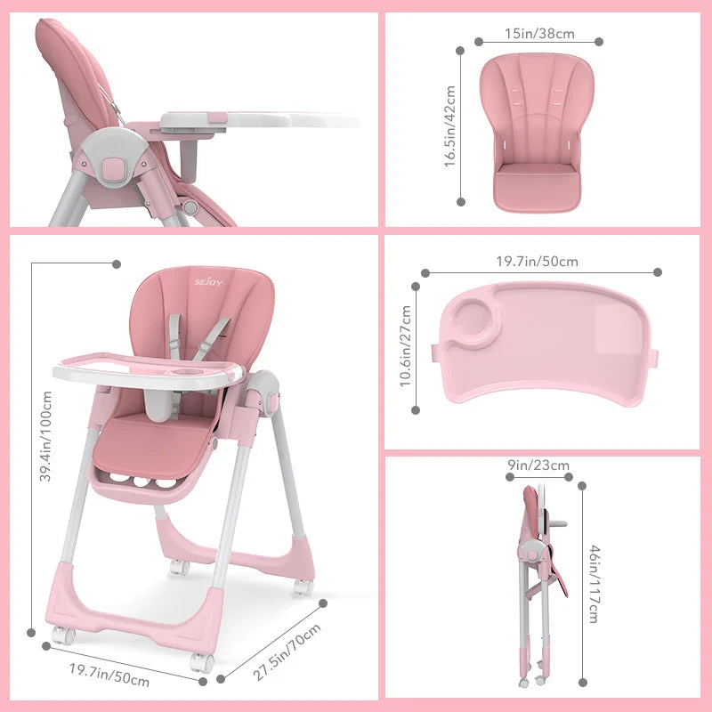 Sejoy Foldable Baby High Chair With Adjustable Backrest